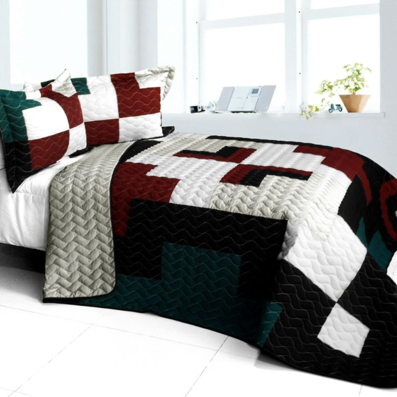 3 Pieces Full/Queen Cotton Quilt Set Patchwork Design, TC Fabric, Vermicelli Quilted